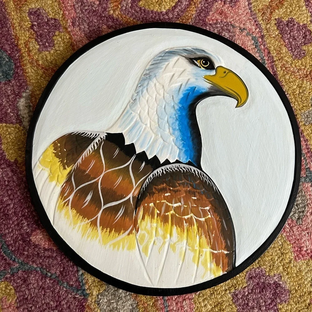 Vintage 11.75" Handpainted Eagle Wall Art White, Blue, Brown, Yellow Indonesia - Picture 1 of 14
